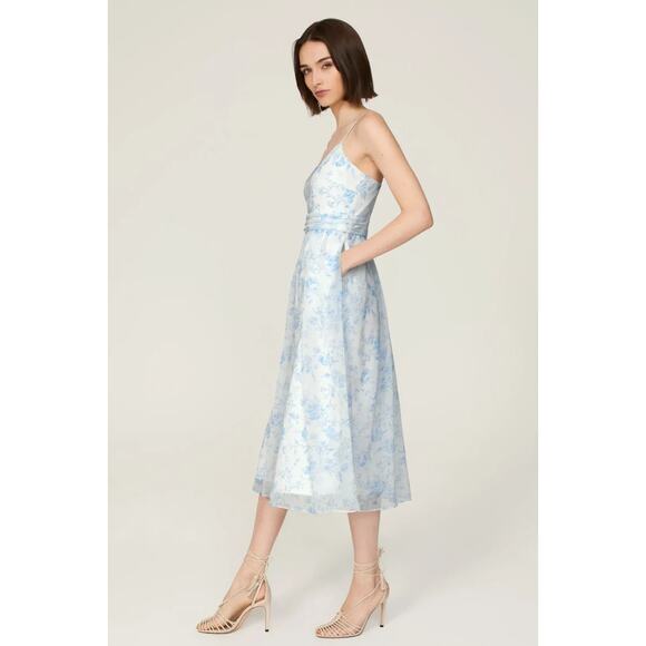 LDT Blue Floral Chiffon Midi Dress Keyhole Cutout Floral Hourglass, Size 4 - Picture 4 of 12